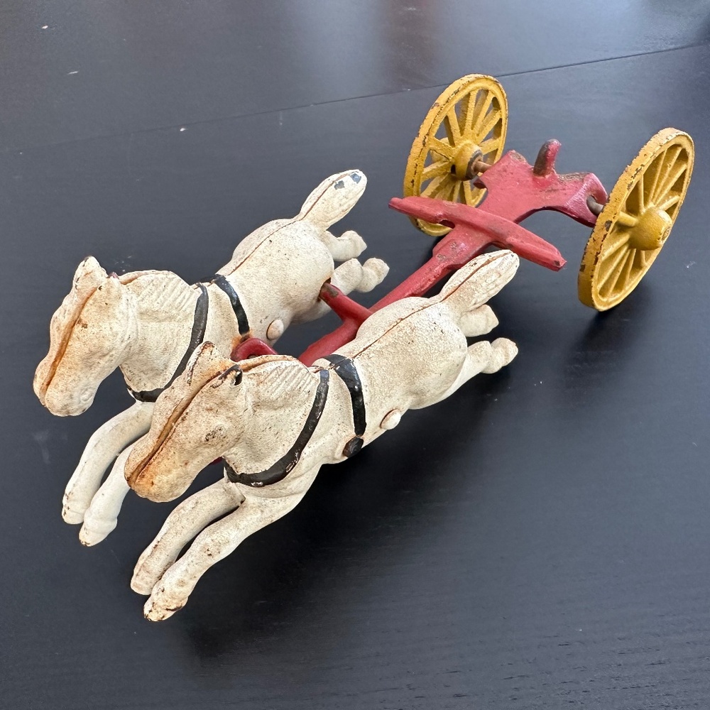 Vintage Cast Iron Horses , Vintage Two Horse Drawn Cast Iron Toy for Fire Pumper